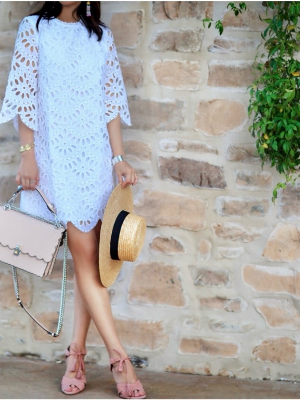 Ann Taylor White Scallop Eyelet Shirt Dress Shift 3/4 Sleeves Lace Cotton M 10